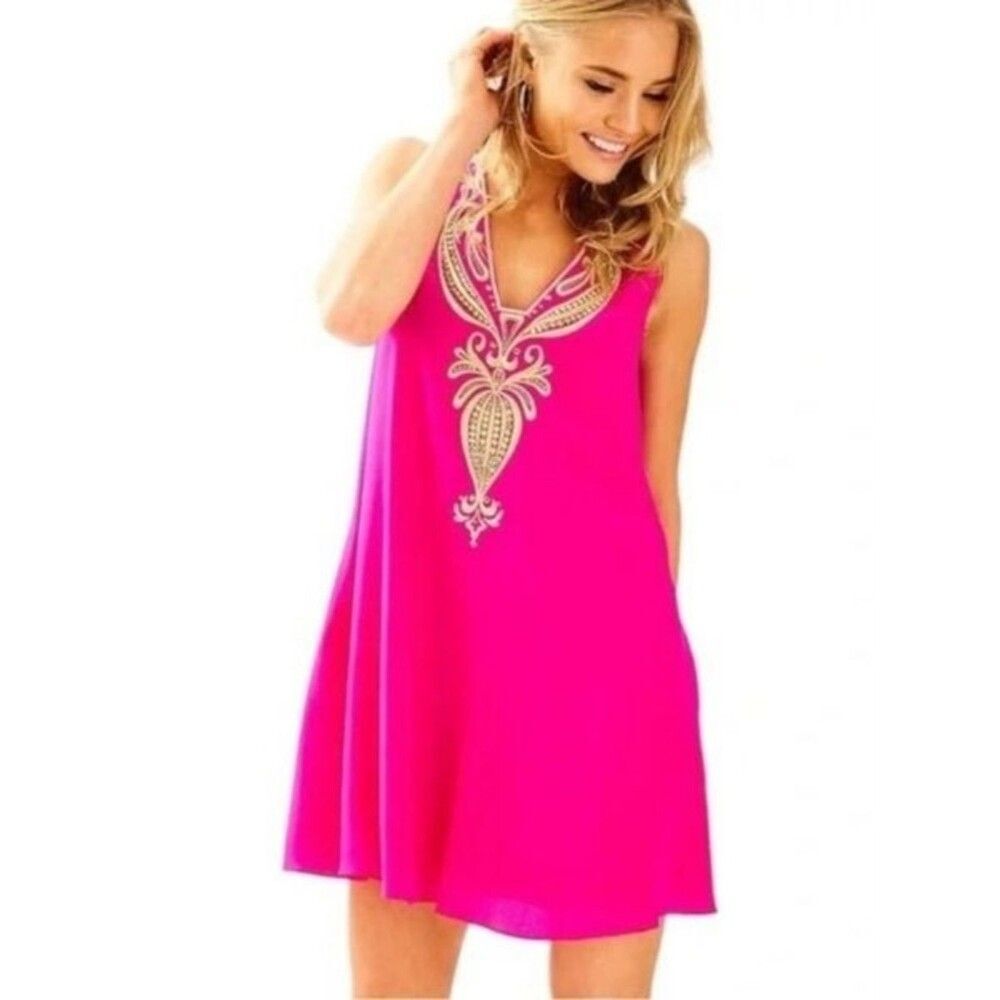 Lilly Pulitzer Owen Shift Dress Size XS Magenta 100% Silk Gold Beaded Embroidery